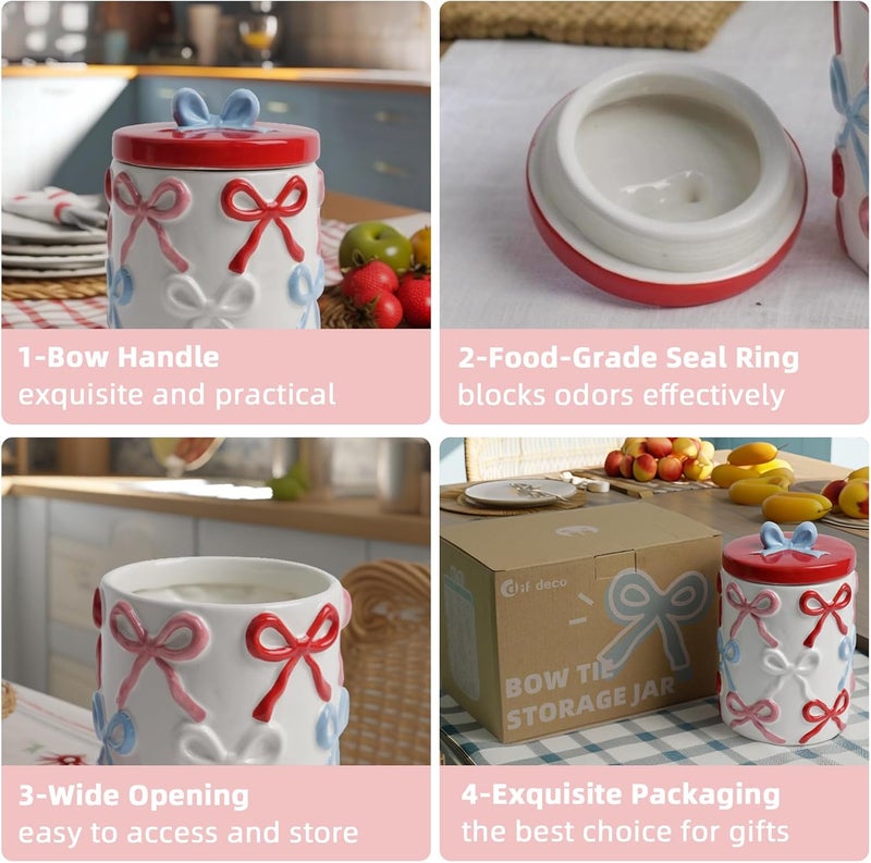 DIF DECO Cookie Jars with Lid Airtight, 42 OZ Large Ceramic Food Storage Containers, Red Bow Kitchen Canisters for Countertop, Suitable for Home Decor of Coffee, Sugar, Tea, Flour, Dog Treat (7.5 In) - Image 3
