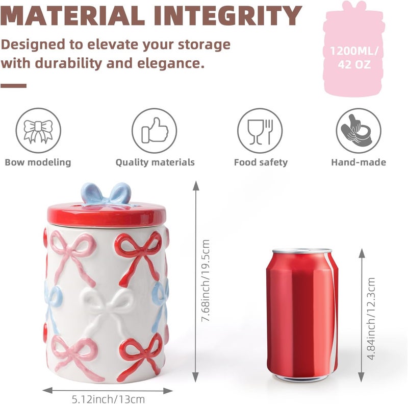 DIF DECO Cookie Jars with Lid Airtight, 42 OZ Large Ceramic Food Storage Containers, Red Bow Kitchen Canisters for Countertop, Suitable for Home Decor of Coffee, Sugar, Tea, Flour, Dog Treat (7.5 In) - Image 2