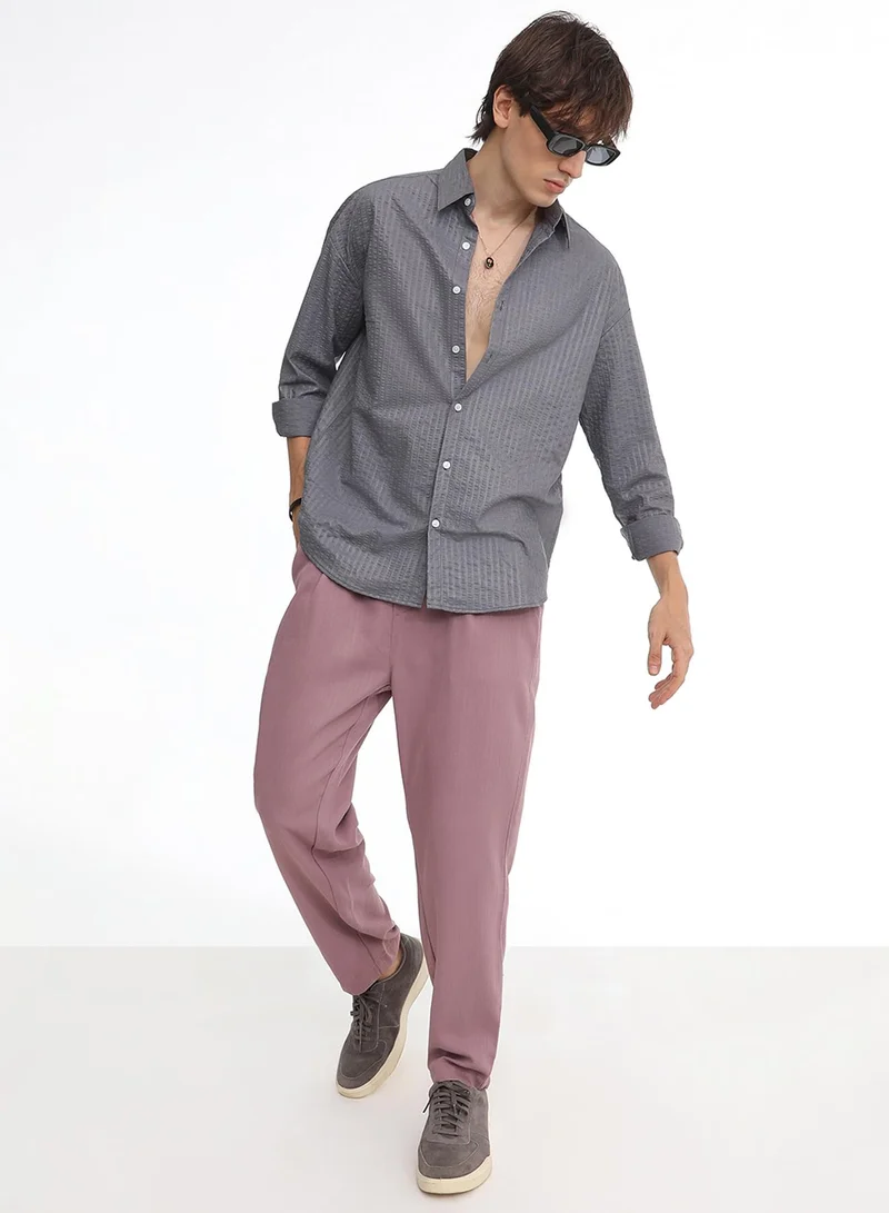 Campus Sutra Men's Moon Grey Seersucker Shirt