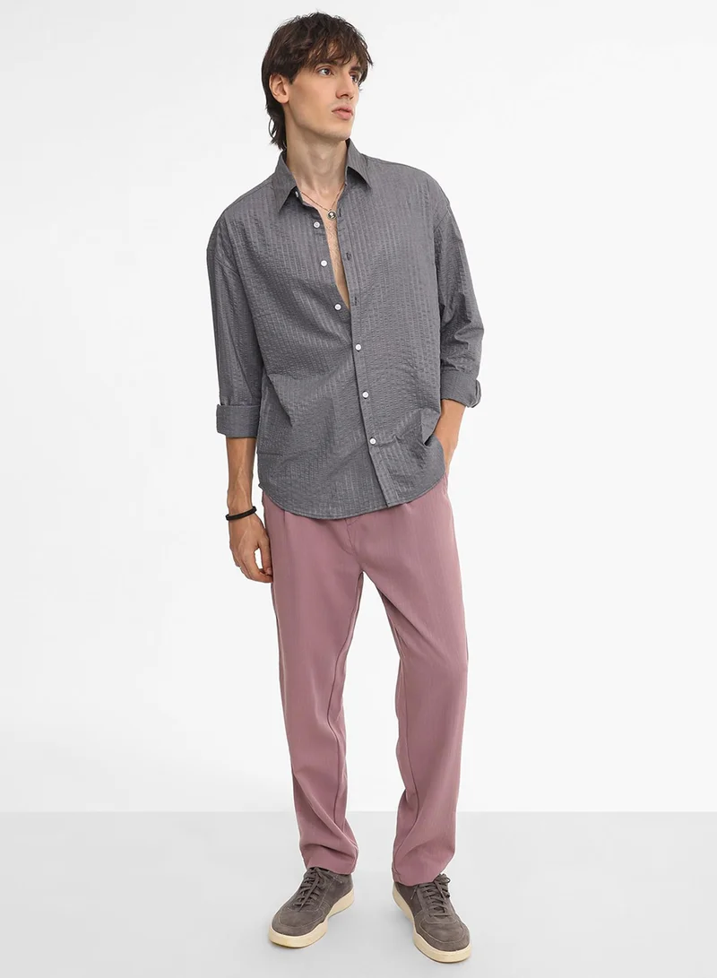 Campus Sutra Men's Moon Grey Seersucker Shirt