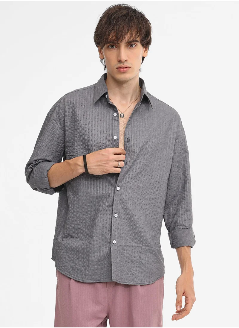 Campus Sutra Men's Moon Grey Seersucker Shirt
