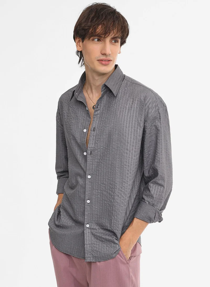 Campus Sutra Men's Moon Grey Seersucker Shirt