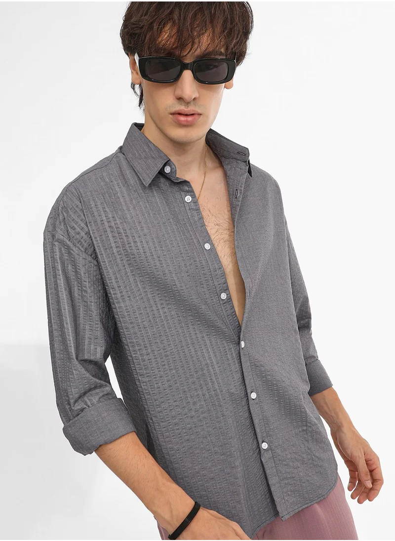 Campus Sutra Men's Moon Grey Seersucker Shirt