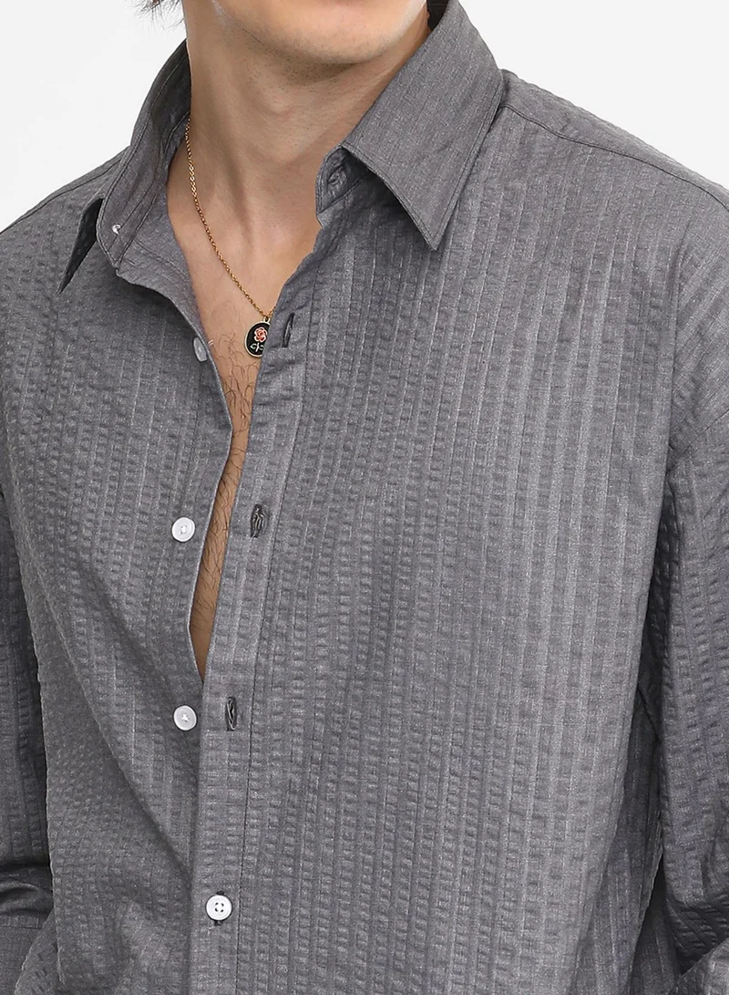 Campus Sutra Men's Moon Grey Seersucker Shirt