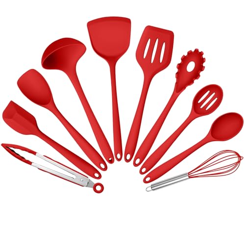 Leonyo Silicone Cooking Utensils Set of 10, Kitchen Utensils Set for Cooking, 446°F Heat Resistant Silicone Kitchen Tools with Turner Spatula, Soup Ladle, Serving Spoons, Tongs for Nonstick Cookware - Red - Image 1