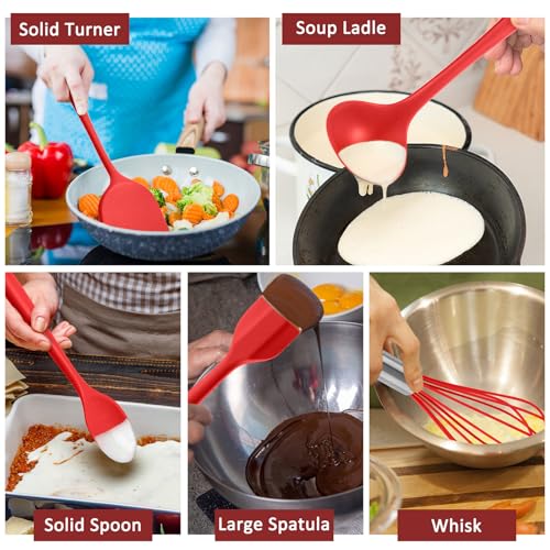 Leonyo Silicone Cooking Utensils Set of 10, Kitchen Utensils Set for Cooking, 446°F Heat Resistant Silicone Kitchen Tools with Turner Spatula, Soup Ladle, Serving Spoons, Tongs for Nonstick Cookware - Red - Image 5