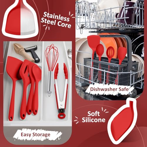 Leonyo Silicone Cooking Utensils Set of 10, Kitchen Utensils Set for Cooking, 446°F Heat Resistant Silicone Kitchen Tools with Turner Spatula, Soup Ladle, Serving Spoons, Tongs for Nonstick Cookware - Red - Image 4