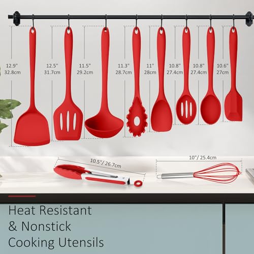Leonyo Silicone Cooking Utensils Set of 10, Kitchen Utensils Set for Cooking, 446°F Heat Resistant Silicone Kitchen Tools with Turner Spatula, Soup Ladle, Serving Spoons, Tongs for Nonstick Cookware - Red - Image 2