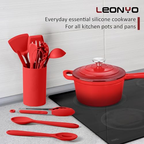 Leonyo Silicone Cooking Utensils Set of 10, Kitchen Utensils Set for Cooking, 446°F Heat Resistant Silicone Kitchen Tools with Turner Spatula, Soup Ladle, Serving Spoons, Tongs for Nonstick Cookware - Red - Image 3