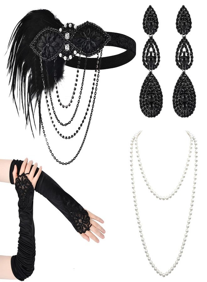 iHUFeather Women 1920s Flapper Set with Feather Headband Beaded Necklaces Earrings Black Gloves for Great Vintage Wedding Costume Accessories - Image 1