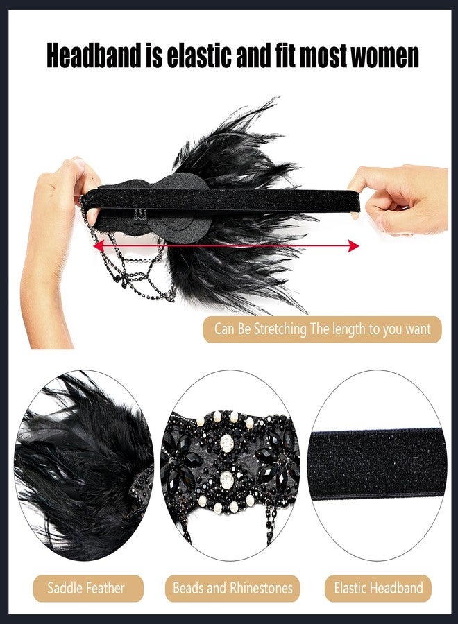 iHUFeather Women 1920s Flapper Set with Feather Headband Beaded Necklaces Earrings Black Gloves for Great Vintage Wedding Costume Accessories - Image 3