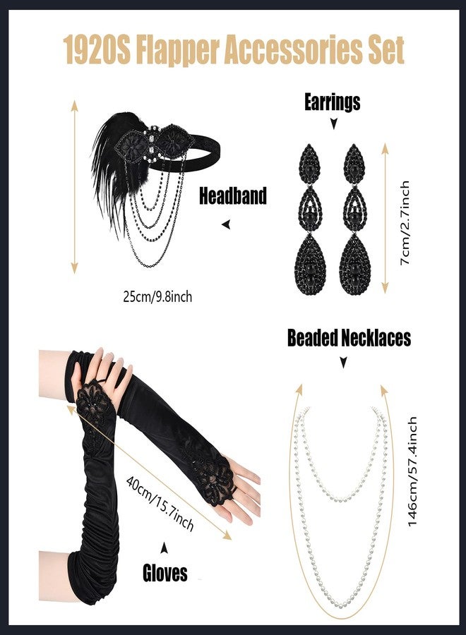 iHUFeather Women 1920s Flapper Set with Feather Headband Beaded Necklaces Earrings Black Gloves for Great Vintage Wedding Costume Accessories - Image 2