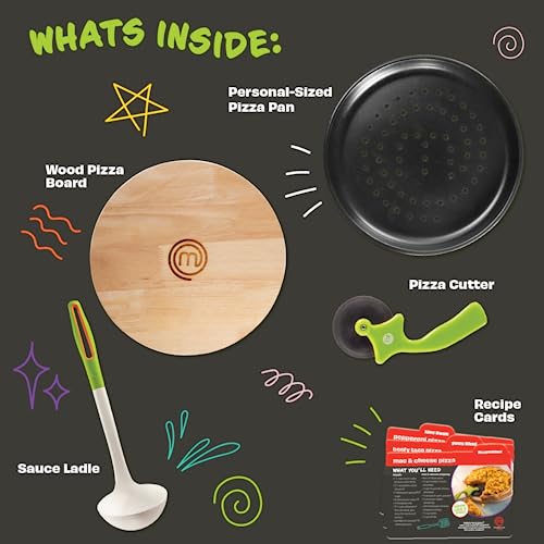 MasterChef Junior Pizza Cooking Set - 5 Pc Kit Includes Real Cookware for Kids w Recipes, Board, Roller - Make Homemade Pizza, Birthday Holiday Gifts - Image 3