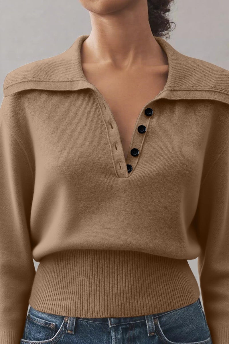 MISSACTIVER Womenâ€™s Lapel Collar Polo Sweater Long Sleeve Slim Fit Knit Pullover V-Neck Button Down Ribbed Cropped Fall Top(Medium,Camel) - Image 2