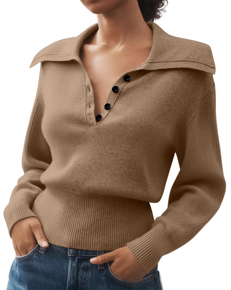 MISSACTIVER Womenâ€™s Lapel Collar Polo Sweater Long Sleeve Slim Fit Knit Pullover V-Neck Button Down Ribbed Cropped Fall Top(Medium,Camel) - Image 1