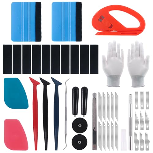 مجموعة أدوات تغليف السيارات من كيديك 47 قطعة مع ملحقات قماشية احتياطية وممسحات شعيرية وحوامل مغناطيسية وقفازات وقاطع فينيل زيبى وسكين متعدد الاستخدامات وشفرات وممسحات دقيقة وصندوق تخزين