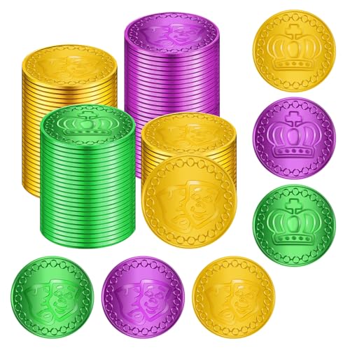Geodurn 100 Pieces Plastic Mardi Gras Coins Set Assorted Gold Purple and Green Coins Bulk for Mardi Gras Table Decorations Parade Throws Party Favors Carnival Games and Themed Events for Kids Adults - Image 1