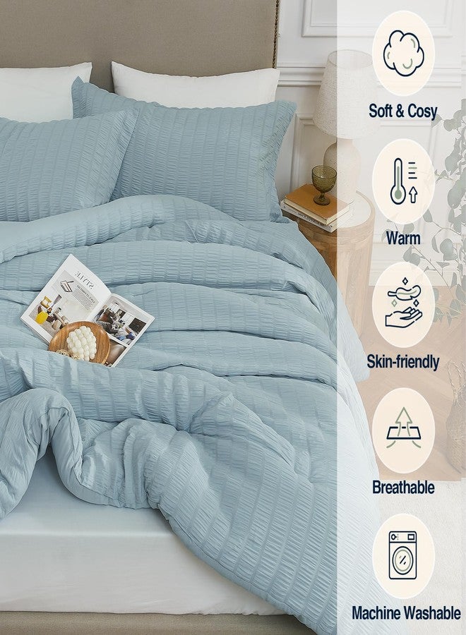 Quataly Queen Comforter Set Mist Blue,3PCS Seersucker Lightweight Bedding Comforter for All Season, Queen Size(90''×90'' Comforter & 2 Pillowcases) - Image 3