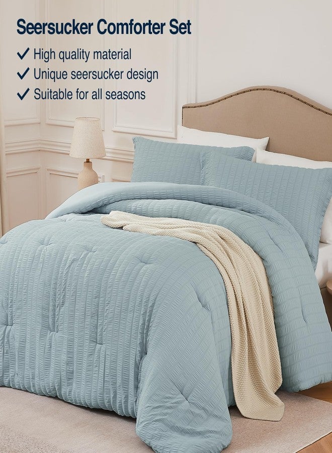 Quataly Queen Comforter Set Mist Blue,3PCS Seersucker Lightweight Bedding Comforter for All Season, Queen Size(90''×90'' Comforter & 2 Pillowcases) - Image 2