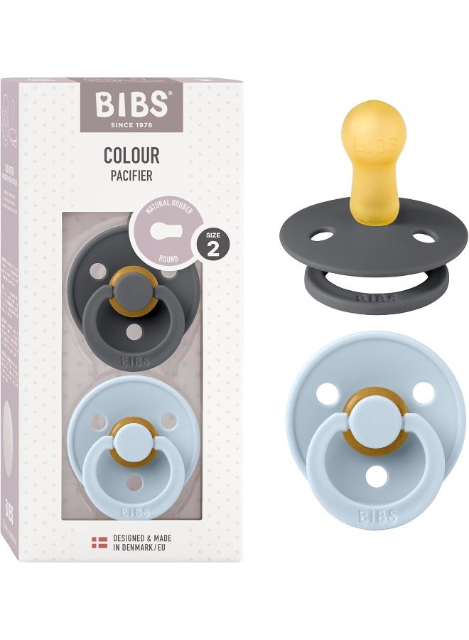 BIBS Colour Soother 2-Pack, BPA Free Dummy Pacifier, Round Natural Rubber Latex, Size 2 (6-18 Months), Iron/Baby Blue - Image 1
