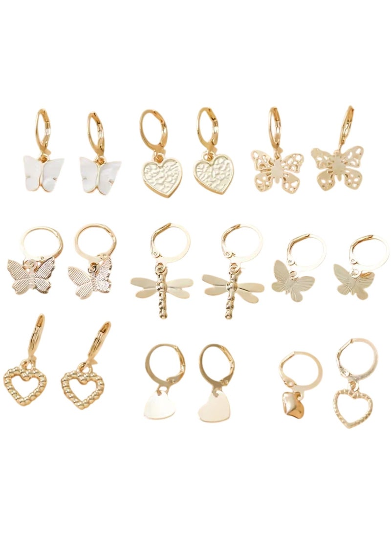 Huitich Elegant Gold Colour Tone Dangle Earrings Set 9 Pairs with Butterfly & Heart Motifs  - Image 1