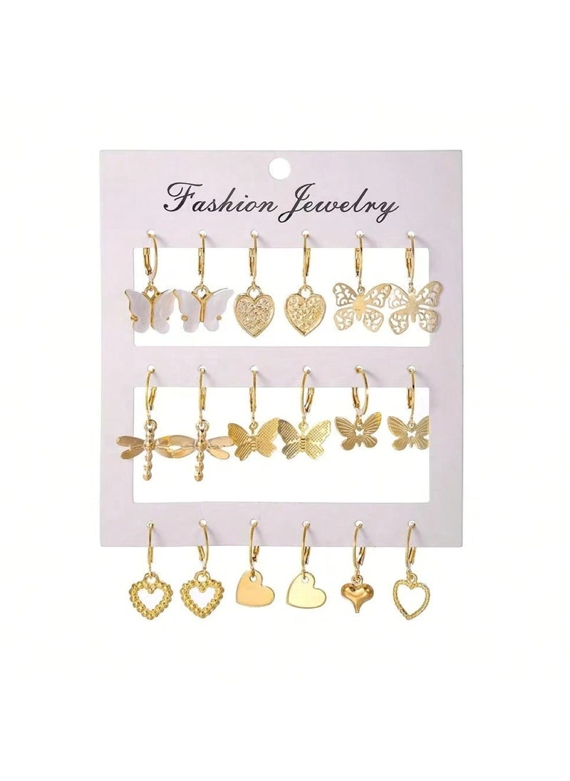 Huitich Elegant Gold Colour Tone Dangle Earrings Set 9 Pairs with Butterfly & Heart Motifs  - Image 3