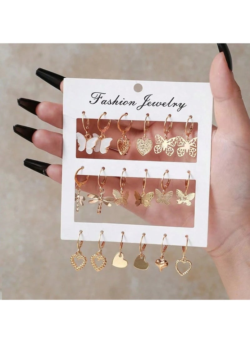 Huitich Elegant Gold Colour Tone Dangle Earrings Set 9 Pairs with Butterfly & Heart Motifs  - Image 4