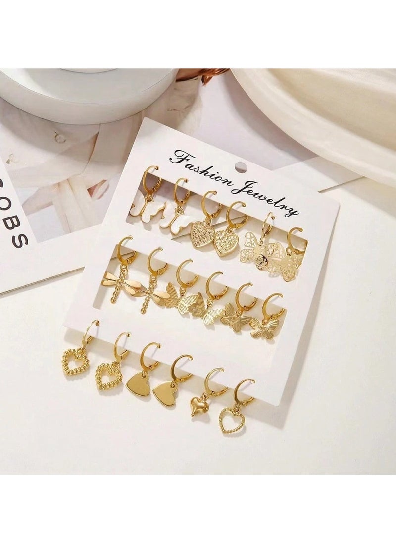 Huitich Elegant Gold Colour Tone Dangle Earrings Set 9 Pairs with Butterfly & Heart Motifs  - Image 2
