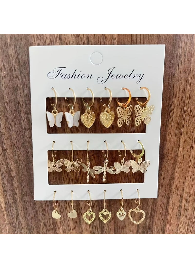 Huitich Elegant Gold Colour Tone Dangle Earrings Set 9 Pairs with Butterfly & Heart Motifs  - Image 5