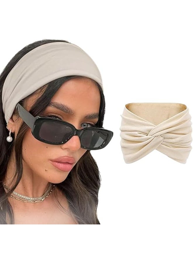 عصابة رأس قطنية محبوكة للنساء – 95% قطن بتصميم توربان مع عقدة لطيفة، إكسسوار شعر ناعم ومطاطي (بيج، مقاس واحد) - Image 1