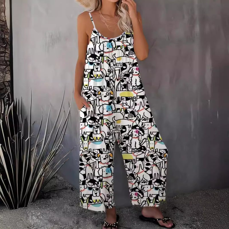 2024 Women'S Clothing Independent Website Style Printed Pleated Suspender Jumpsuit Versatile Medium Stretch - Image 3