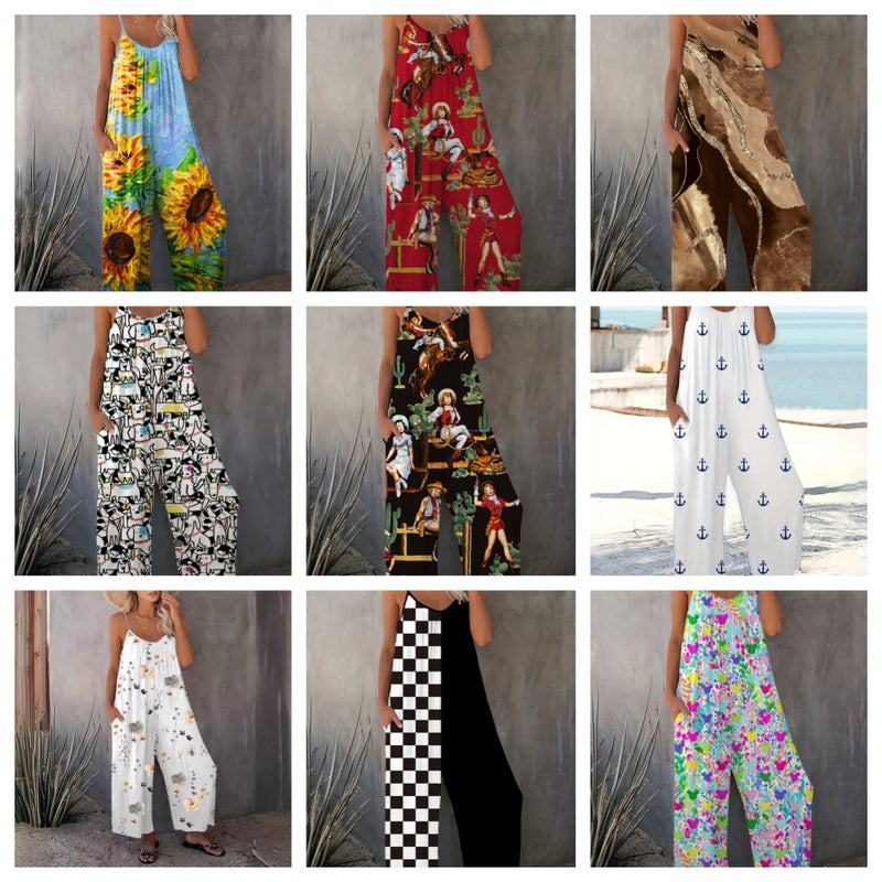 2024 Women'S Clothing Independent Website Style Printed Pleated Suspender Jumpsuit Versatile Medium Stretch - Image 2