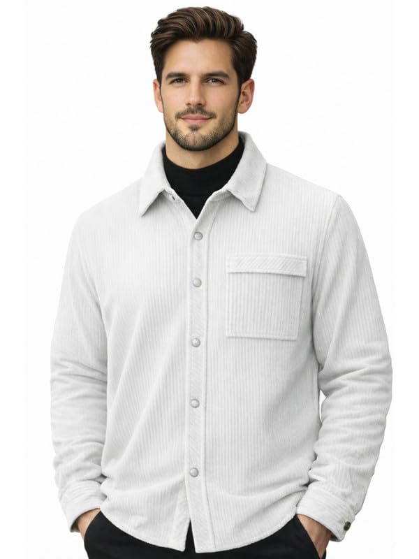 CHKOKKO Stylish Plain ShacketWinter Stylish Full Sleeve Collared Shirt Jacket with Button Closure Warm Casual Winter Outerwear White S - Image 2