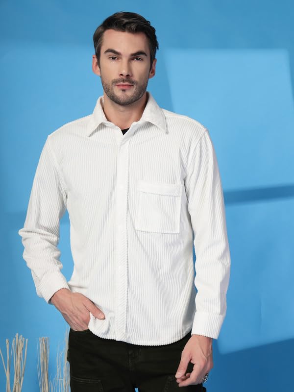 CHKOKKO Stylish Plain ShacketWinter Stylish Full Sleeve Collared Shirt Jacket with Button Closure Warm Casual Winter Outerwear White S - Image 5