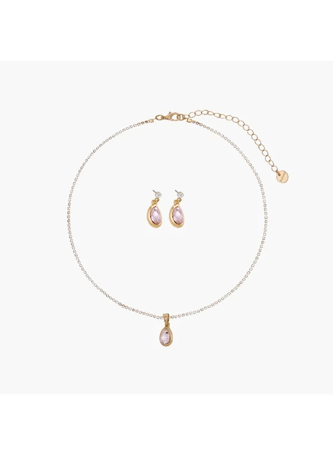 لايف ستايل Set of 2 - Stone Embellished Gold Tone Pendant Necklace and Earrings