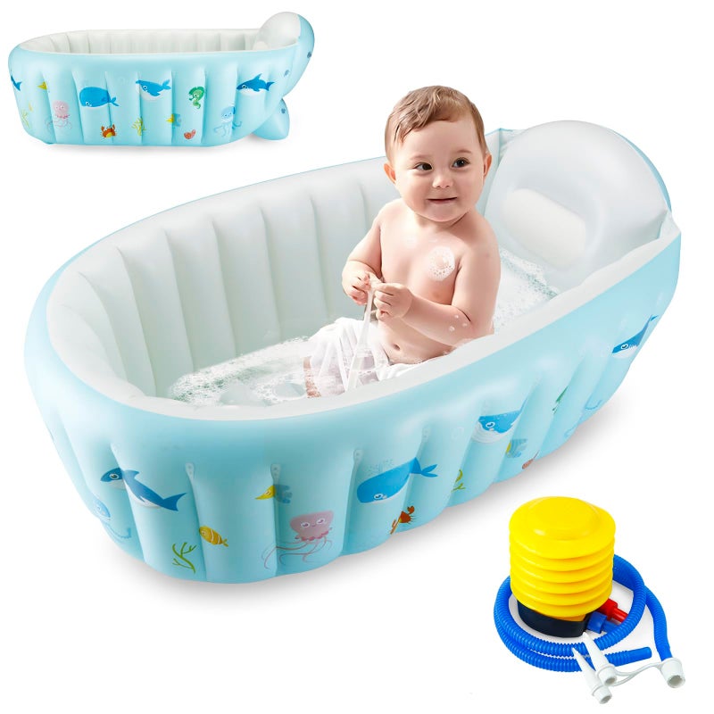 PandaEar Baby Inflatable Bathtub, Portable Travel Baby Infant Bath Tub Toddler Bathtub with Air Pump, Foldable Non-Slip Shower Basin Mini Air Swimming Pool for Newborn (Whale Blue) - Image 1