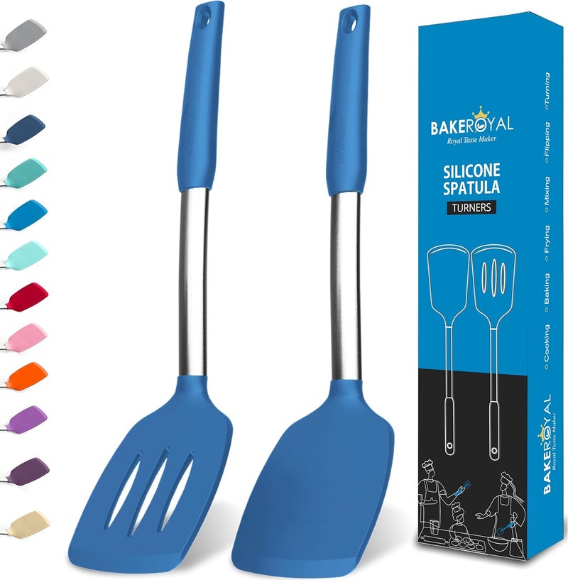BAKEROYAL Silicone Spatula Set - Turner Spatulas Silicone Heat Resistant 600°F - Slotted & Solid Spatula for Cooking Fish, Eggs, Pancakes Flipper – Spatulas for kitchen use – Blue - Image 1