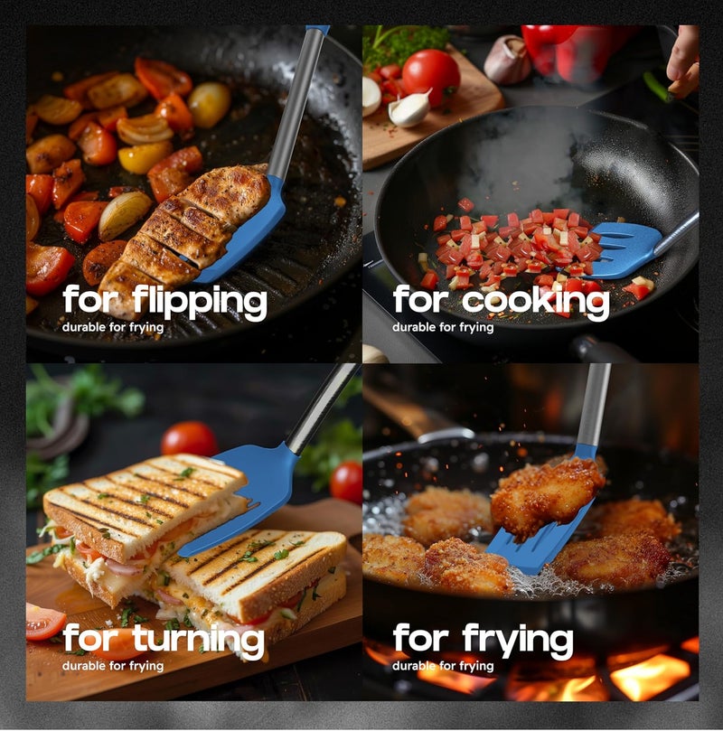 BAKEROYAL Silicone Spatula Set - Turner Spatulas Silicone Heat Resistant 600°F - Slotted & Solid Spatula for Cooking Fish, Eggs, Pancakes Flipper – Spatulas for kitchen use – Blue - Image 3