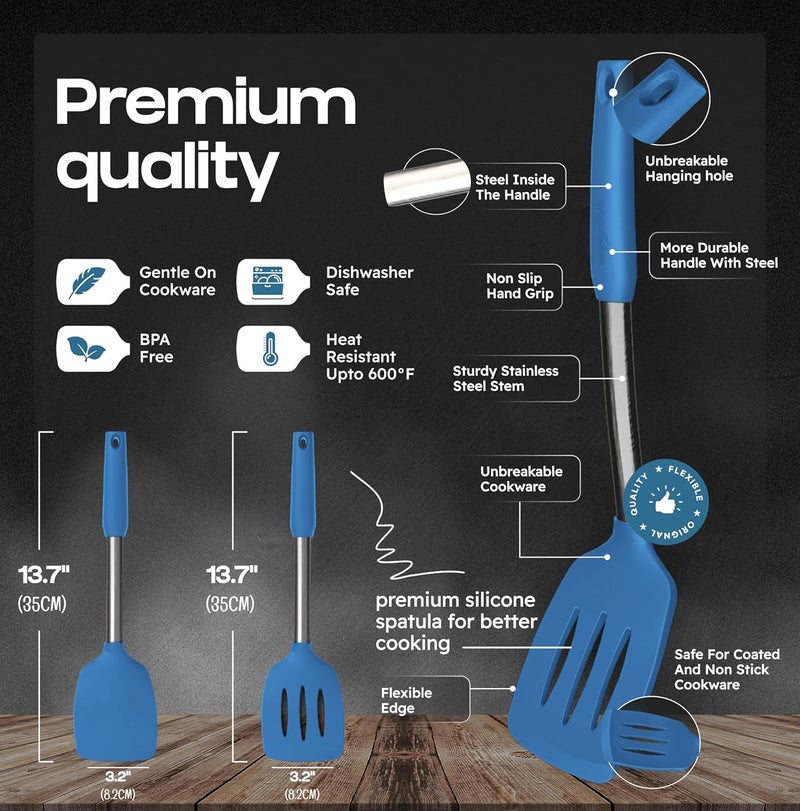 BAKEROYAL Silicone Spatula Set - Turner Spatulas Silicone Heat Resistant 600°F - Slotted & Solid Spatula for Cooking Fish, Eggs, Pancakes Flipper – Spatulas for kitchen use – Blue - Image 2