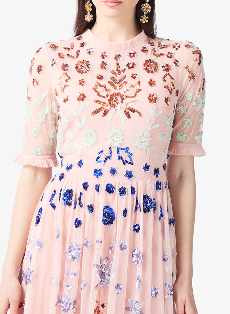 فروك اند فرل فستان ماكسي بأكمام قصيرة من الشيفون المزخرف - Image 3