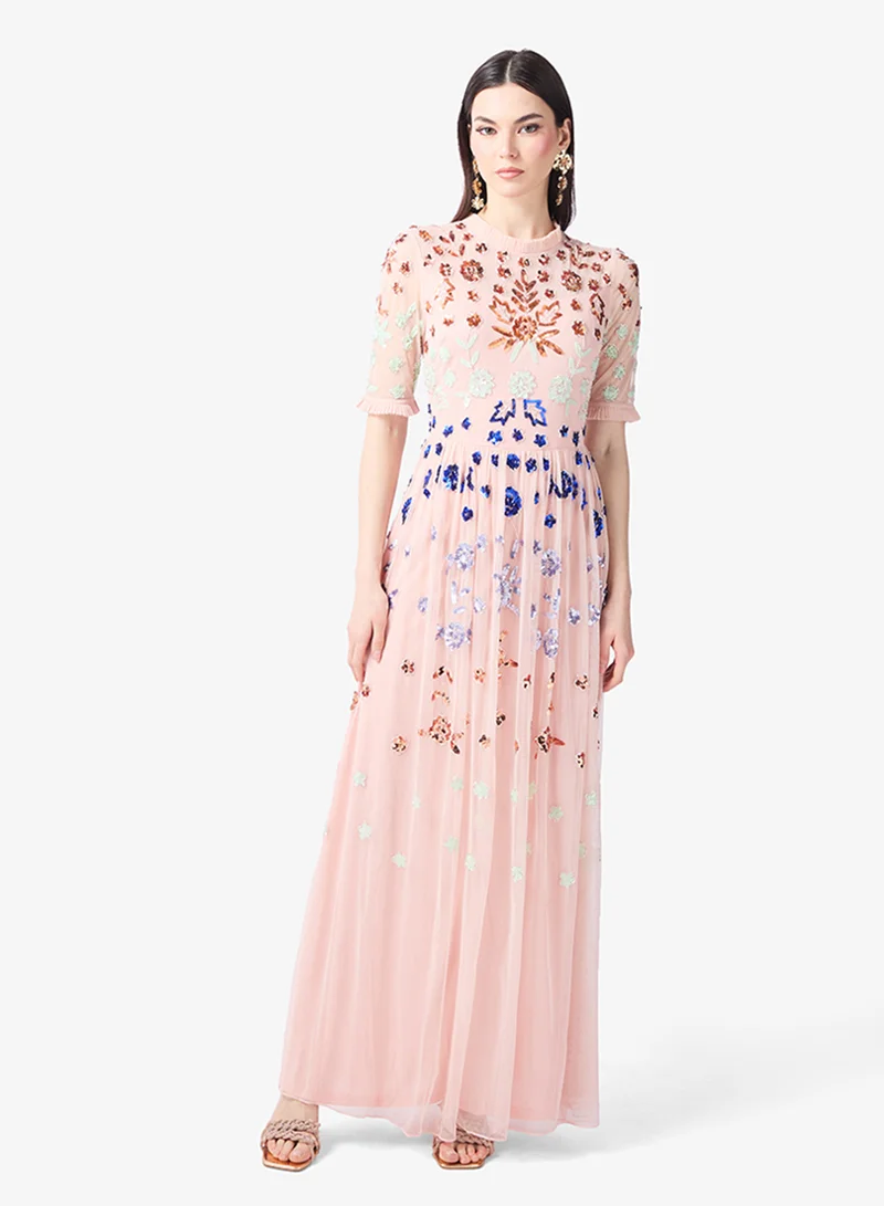 Embellished Mesh Short Sleeve Maxi Dress