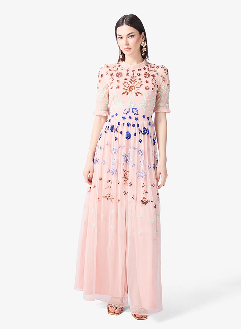 فروك اند فرل فستان ماكسي بأكمام قصيرة من الشيفون المزخرف - Image 4