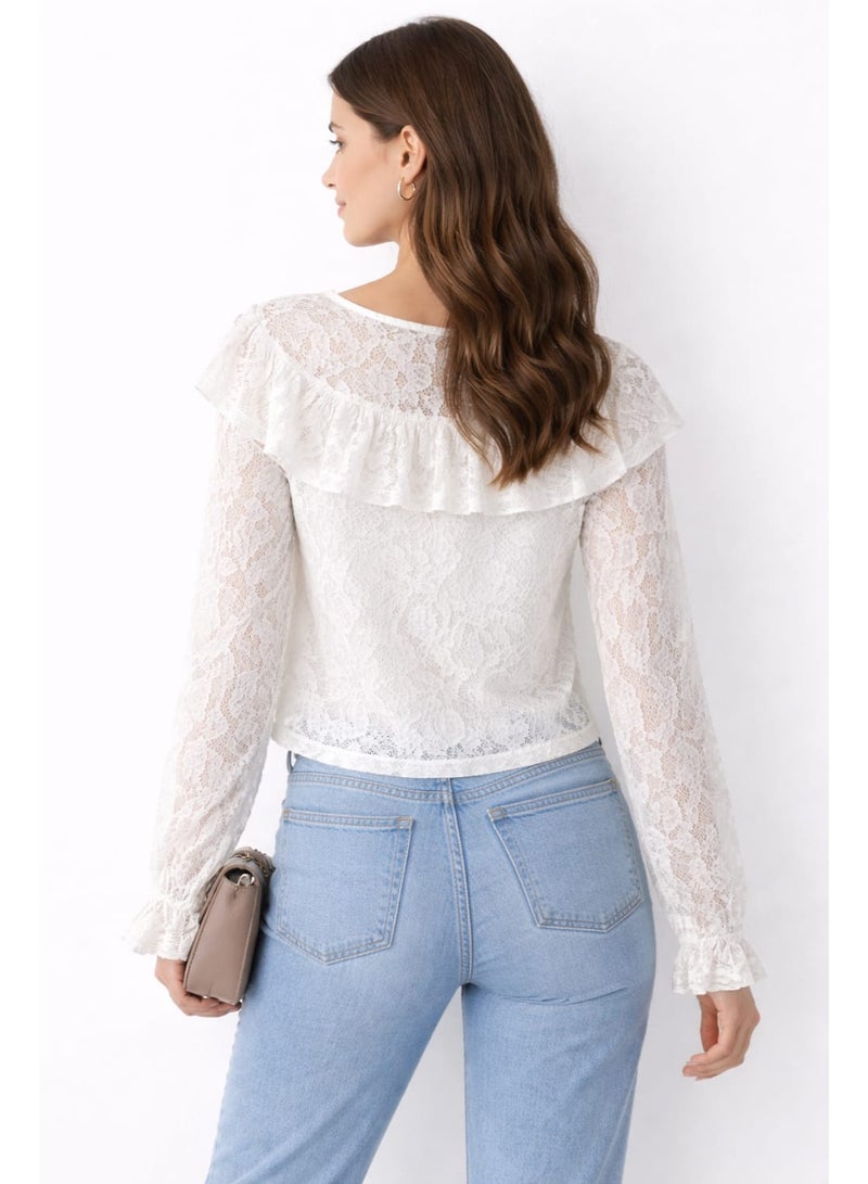 Don't Call Me Jennyfer White Lace Long Sleeve Ruffle Top - Image 2