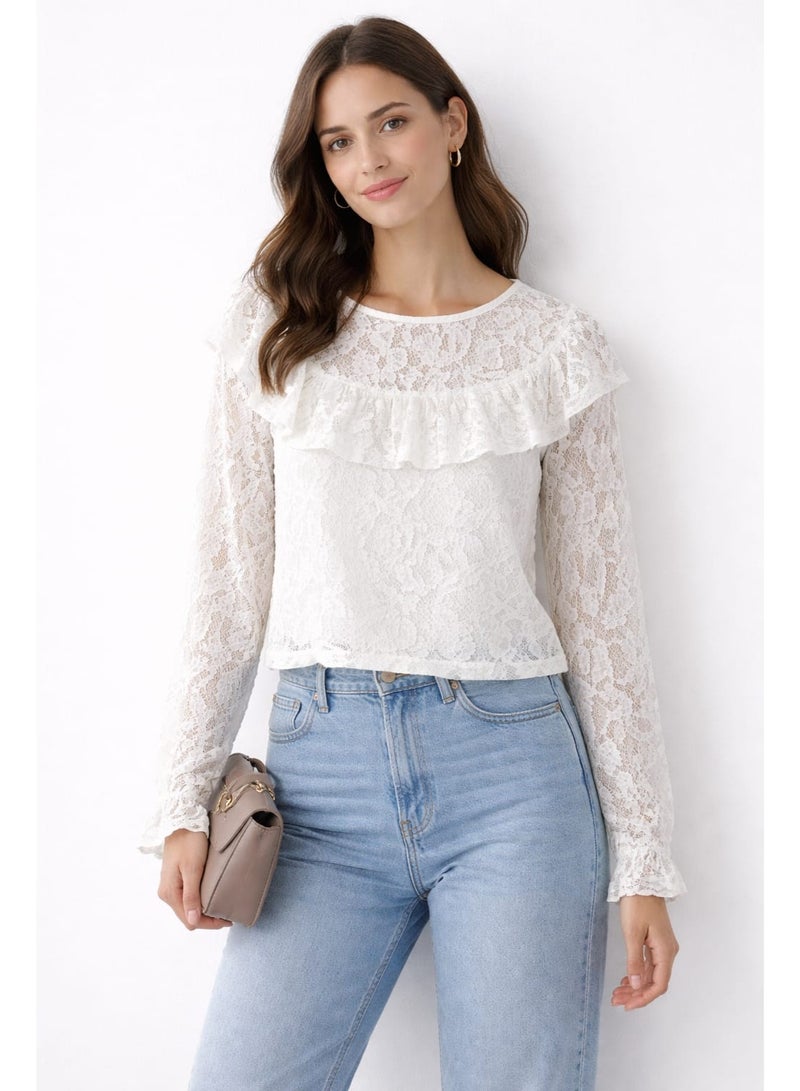 Don't Call Me Jennyfer White Lace Long Sleeve Ruffle Top - Image 1