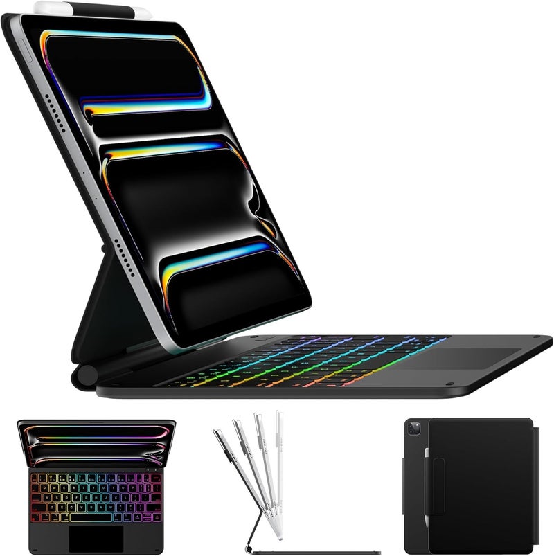 typecase لوحة مفاتيح Edge لجهاز iPad Pro 11 (M5-2025 و M4-2024)، إضاءة خلفية بـ 11 لونًا ولوحة تتبع متعددة اللمس بدقة، حامل مغناطيسي عائم، أسود'25 (لا يناسب A16/10th/ Air 11) - Image 1