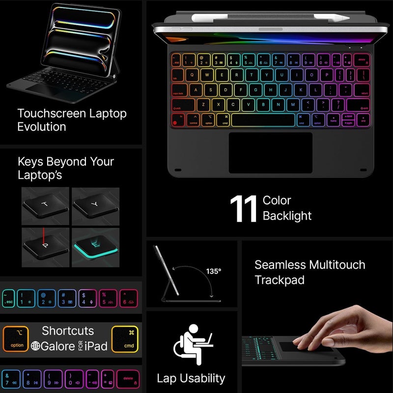 typecase لوحة مفاتيح Edge لجهاز iPad Pro 11 (M5-2025 و M4-2024)، إضاءة خلفية بـ 11 لونًا ولوحة تتبع متعددة اللمس بدقة، حامل مغناطيسي عائم، أسود'25 (لا يناسب A16/10th/ Air 11) - Image 3