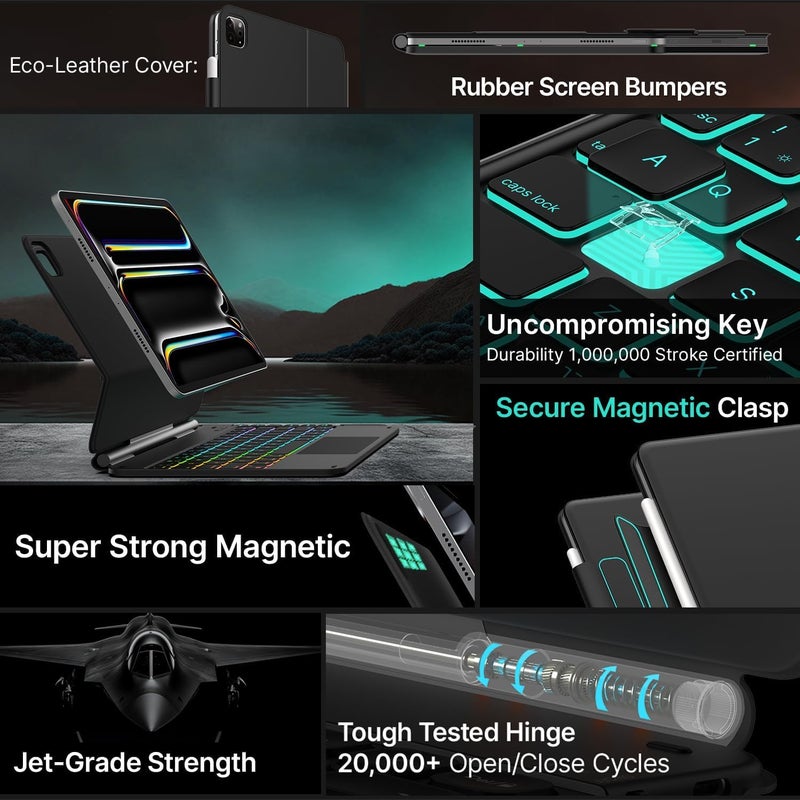 typecase لوحة مفاتيح Edge لجهاز iPad Pro 11 (M5-2025 و M4-2024)، إضاءة خلفية بـ 11 لونًا ولوحة تتبع متعددة اللمس بدقة، حامل مغناطيسي عائم، أسود'25 (لا يناسب A16/10th/ Air 11) - Image 4