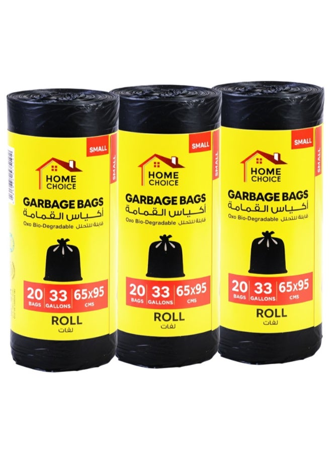 HOME CHOICE 33 جالون رول، عبوة من 3، أسود، 60 كيس قمامة، حجم 65x95 سم، أكياس نفايات، بطانة سلة، أكياس نفايات للاستخدام الداخلي والخارجي - Image 1