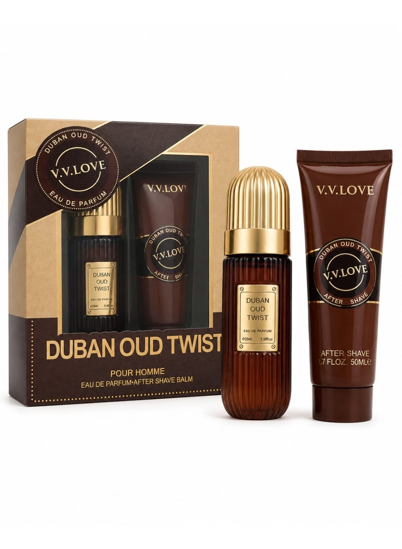 طقم هدايا عطر دبان عود تويست" من في في لوف للرجال - (أو دي بارفان 20 مل + بلسم بعد الحلاقة 50 مل) - طقم من قطعتين