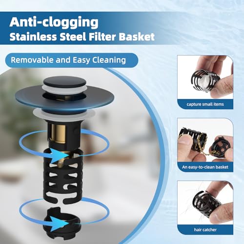 iFealClear Upgraded 4-in-1 Bathroom Sink Drain Strainer, Universal Pop Up Sink Stopper with 2-Layer Detachable Hair Catcher Filter Basket, Drain Stopper Fit 1.1"-2.3" US Basin, Matte Black - Image 3